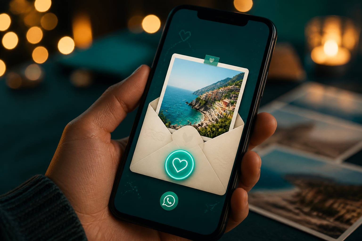 Une carte postale de voyage s’ouvre dans une enveloppe sur un téléphone