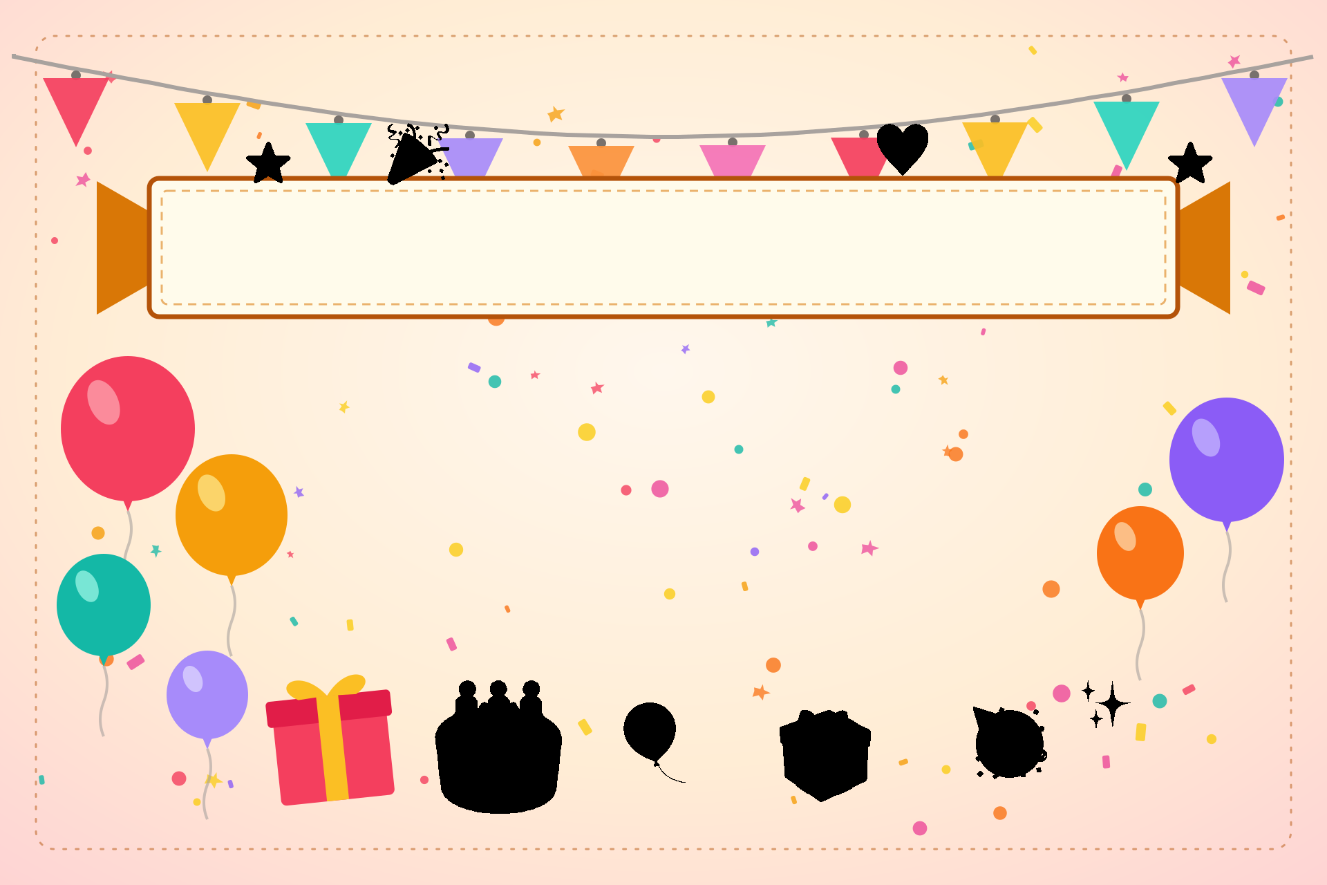Carte d’invitation anniversaire avec des fanions, des ballons et des confettis